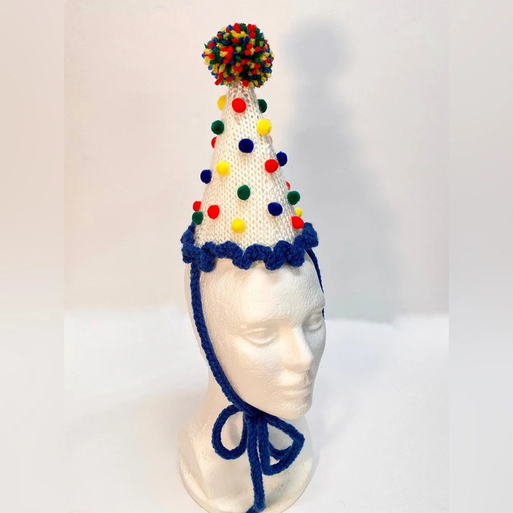 NWT Hand Knit Party Hat in Primary Colors with Neck Tie size Fits Most